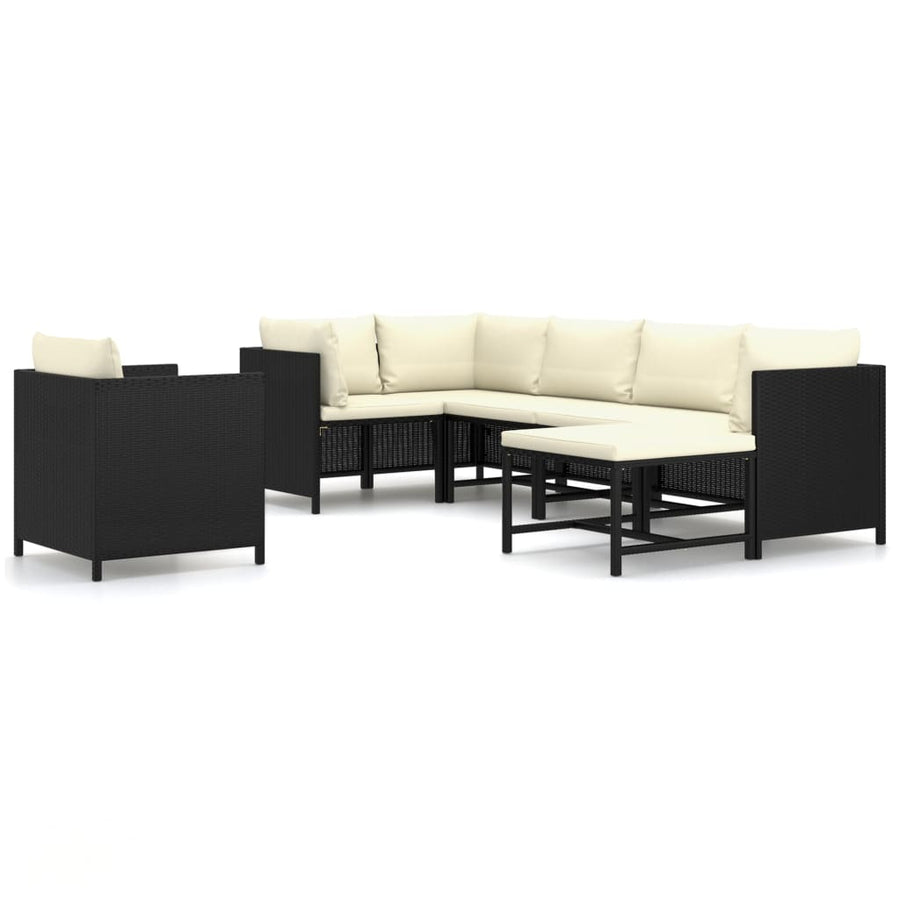 7-Delige Loungeset Met Kussens Poly Rattan Zwart 3x hoek + 2x midden + Fauteuil + voetensteun