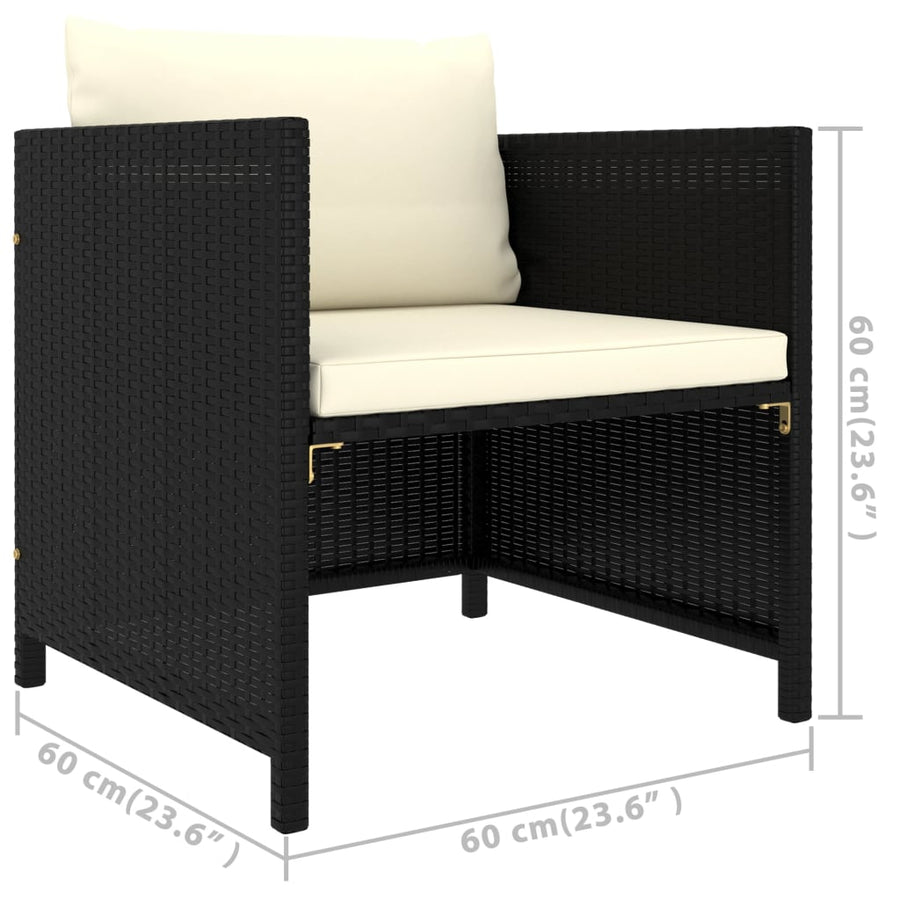 7-Delige Loungeset Met Kussens Poly Rattan Zwart 3x hoek + 2x midden + Fauteuil + voetensteun