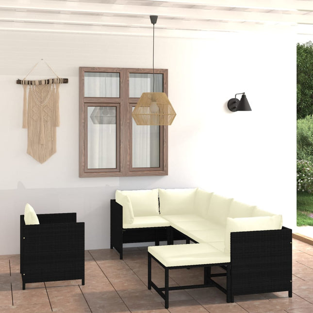 7-Delige Loungeset Met Kussens Poly Rattan Zwart 3x hoek + 2x midden + Fauteuil + voetensteun