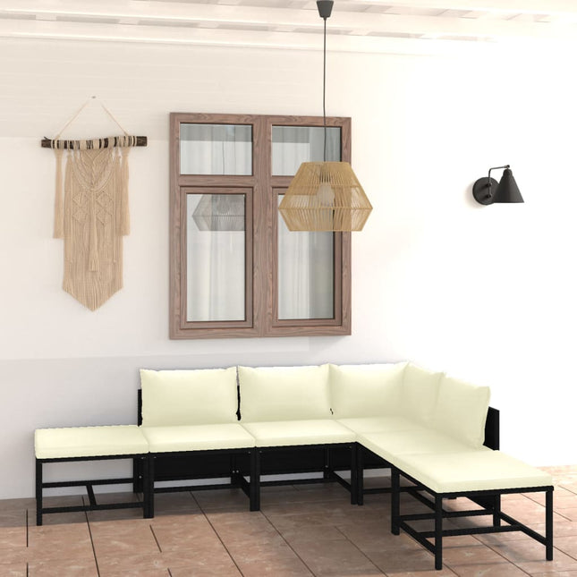 6-Delige Loungeset Met Kussens Poly Rattan Zwart Hoek + 3x midden + 2x voetensteun