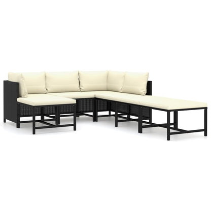 7-Delige Loungeset Met Kussens Poly Rattan Zwart 2x hoek + 2x midden + 3x voetensteun