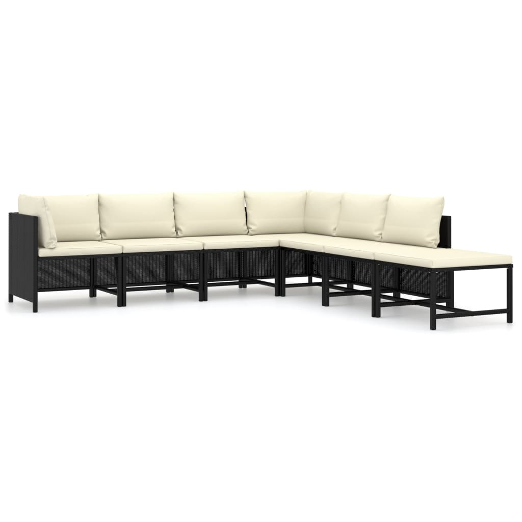 7-Delige Loungeset Met Kussens Poly Rattan Zwart 2x hoek + 4x midden + voetensteun
