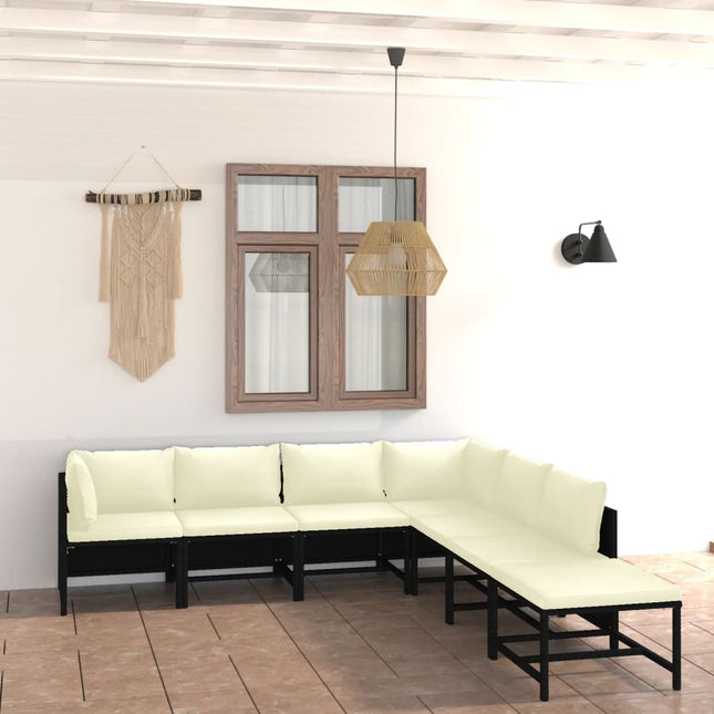 7-Delige Loungeset Met Kussens Poly Rattan Zwart 2x hoek + 4x midden + voetensteun