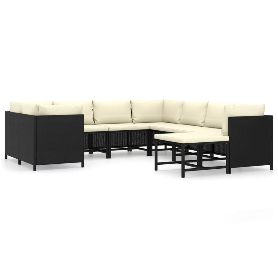 9-Delige Loungeset Met Kussens Poly Rattan Zwart 4x hoek + 4x midden + voetensteun