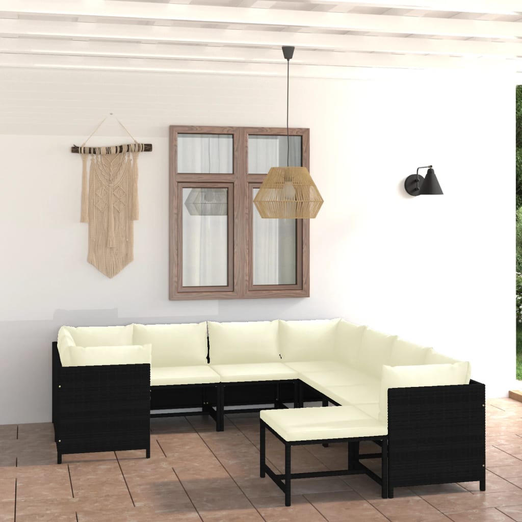 9-Delige Loungeset Met Kussens Poly Rattan Zwart 4x hoek + 4x midden + voetensteun