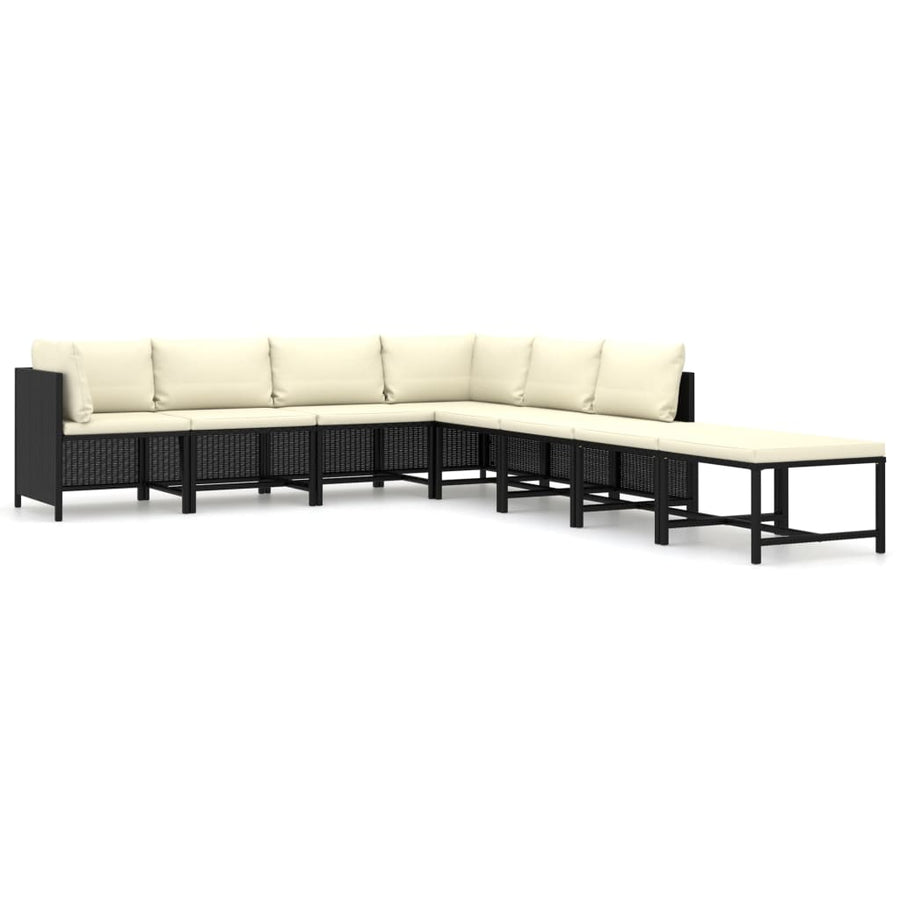 8-Delige Loungeset Met Kussens Poly Rattan Zwart 2x hoek + 4x midden + 2x voetensteun