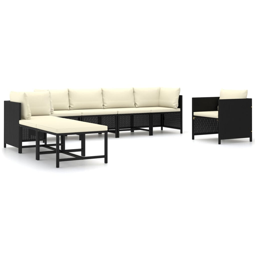 8-Delige Loungeset Met Kussens Poly Rattan Zwart 3x hoek + 2x midden + Fauteuil + 2x voetensteun