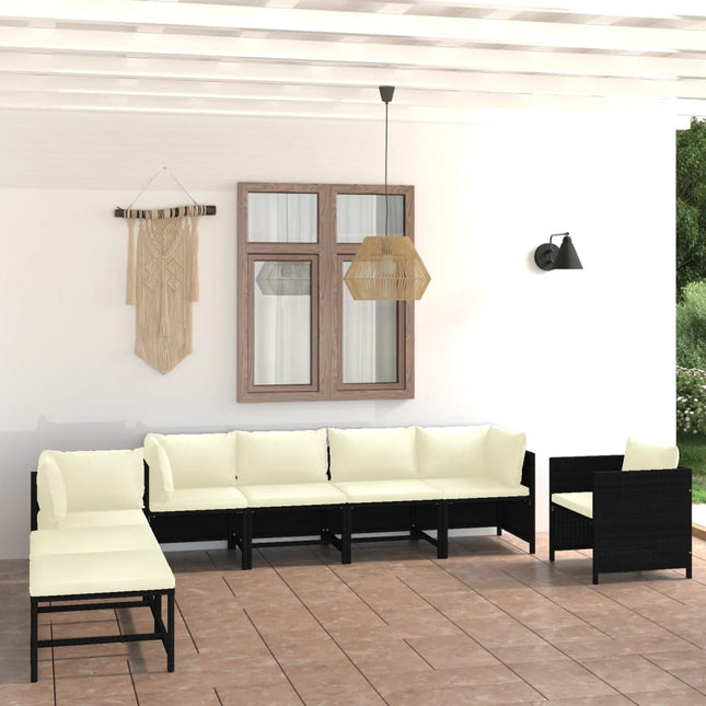 8-Delige Loungeset Met Kussens Poly Rattan Zwart 3x hoek + 2x midden + Fauteuil + 2x voetensteun