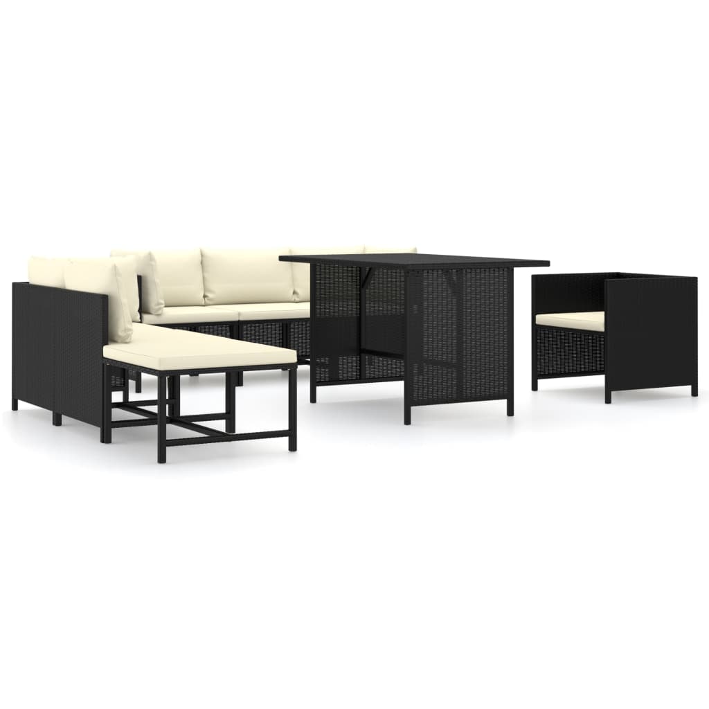 8-Delige Loungeset Met Kussens Poly Rattan Zwart 2x midden + 3x hoek + Fauteuil + voetensteun