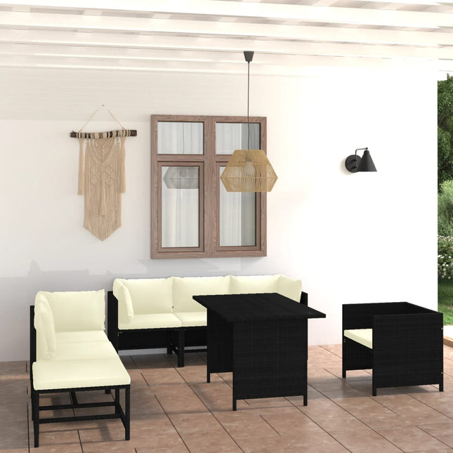 8-Delige Loungeset Met Kussens Poly Rattan Zwart 2x midden + 3x hoek + Fauteuil + voetensteun