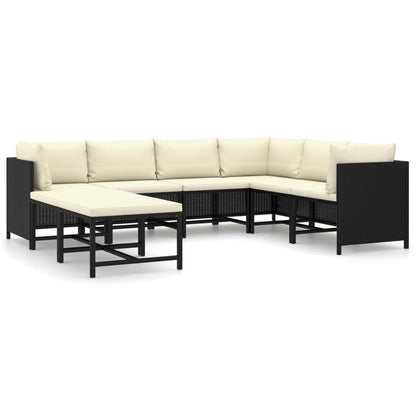 8-Delige Loungeset Met Kussens Poly Rattan Zwart 3x hoek + 3x midden + 2x voetensteun
