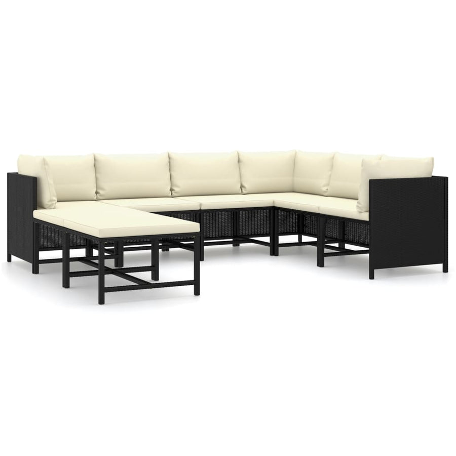 8-Delige Loungeset Met Kussens Poly Rattan Zwart 3x hoek + 3x midden + 2x voetensteun