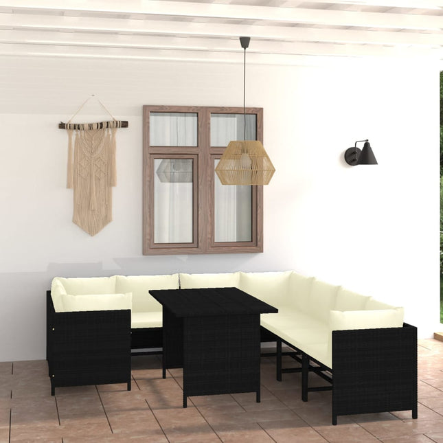 9-Delige Loungeset Met Kussens Poly Rattan Zwart 4x hoek + 4x midden + Tafel