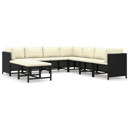 9-Delige Loungeset Met Kussens Poly Rattan Zwart 3x hoek + 4x midden + 2x voetensteun