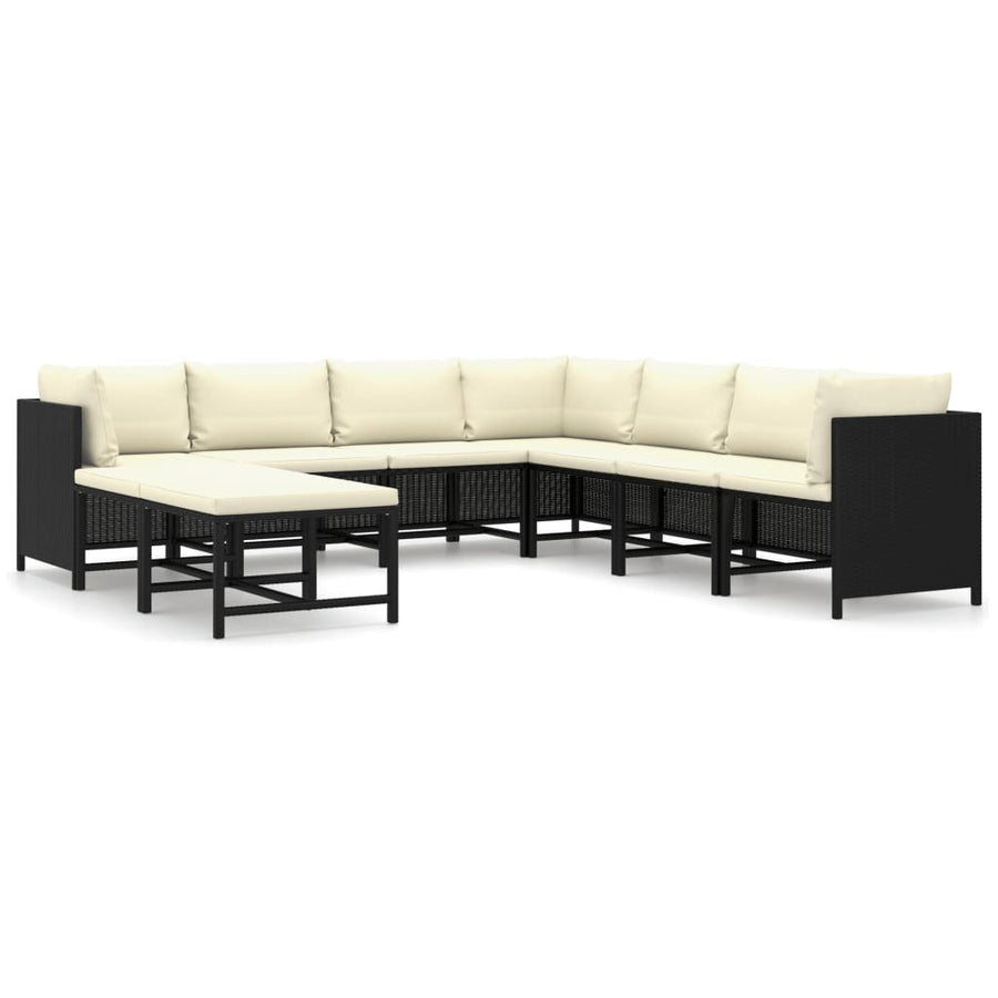 9-Delige Loungeset Met Kussens Poly Rattan Zwart 3x hoek + 4x midden + 2x voetensteun