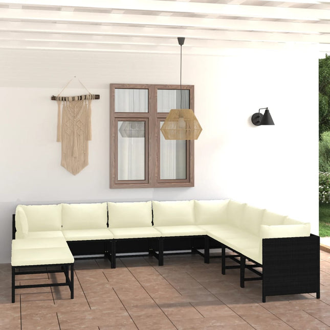 9-Delige Loungeset Met Kussens Poly Rattan Zwart 3x hoek + 4x midden + 2x voetensteun