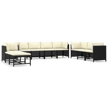 10-Delige Loungeset Met Kussens Poly Rattan Zwart 5x hoek + 3x midden + voetensteun