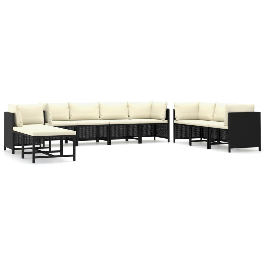 10-Delige Loungeset Met Kussens Poly Rattan Zwart 5x hoek + 3x midden + voetensteun