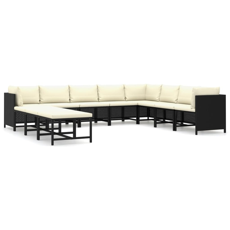 -Delige Loungeset Met Kussens Poly Rattan Zwart 3x hoek + 5x midden + 3x voetensteun