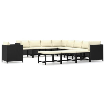 2-Delige Loungeset Met Kussens Poly Rattan Zwart 3x hoek + 5x midden + Fauteuil + 3x voetensteun