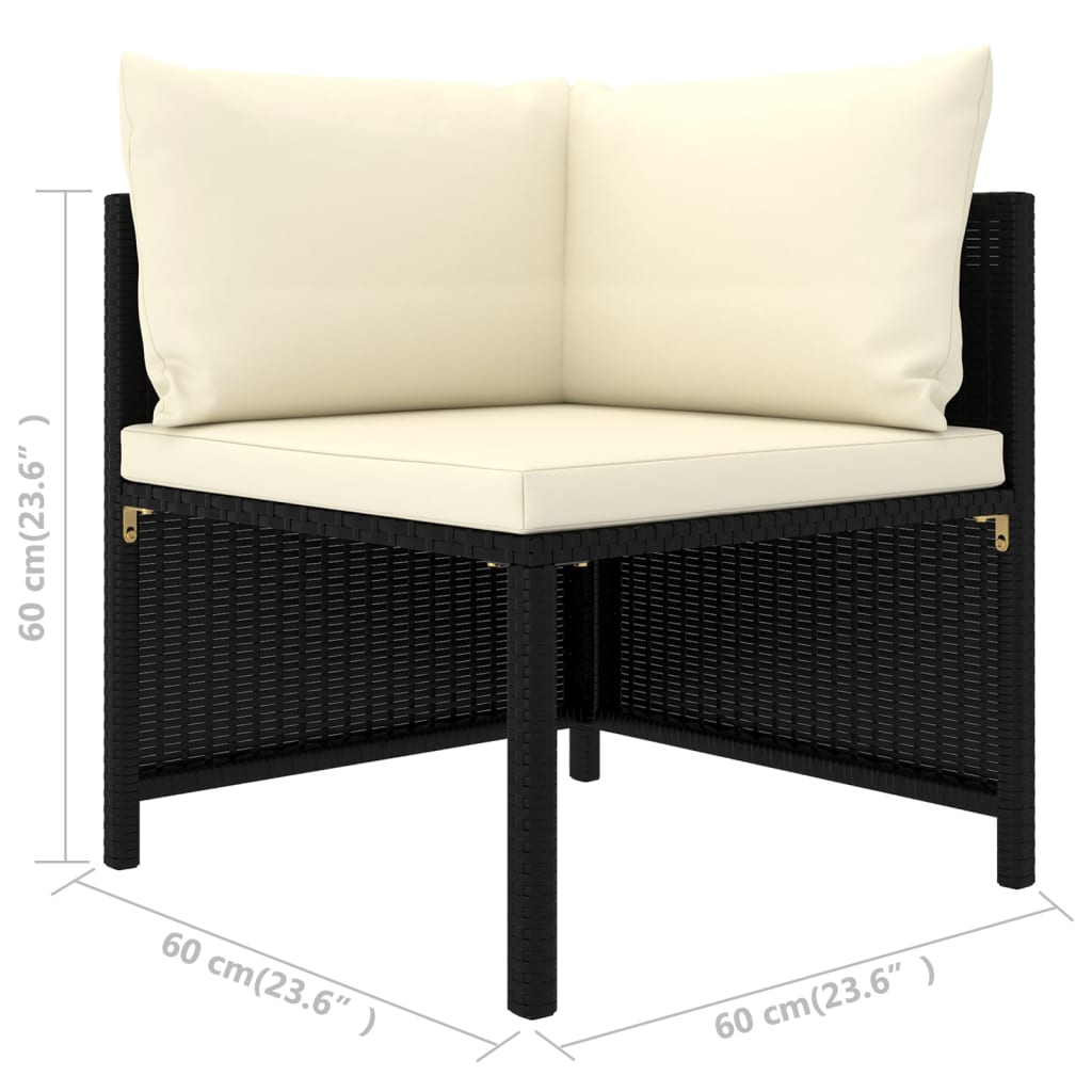 2-Delige Loungeset Met Kussens Poly Rattan Zwart 3x hoek + 5x midden + Fauteuil + 3x voetensteun