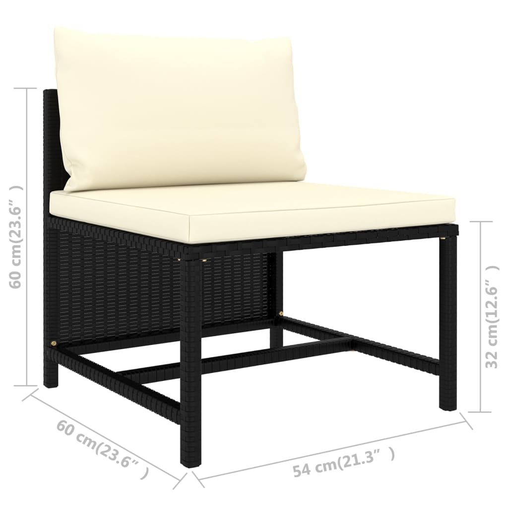 2-Delige Loungeset Met Kussens Poly Rattan Zwart 3x hoek + 5x midden + Fauteuil + 3x voetensteun