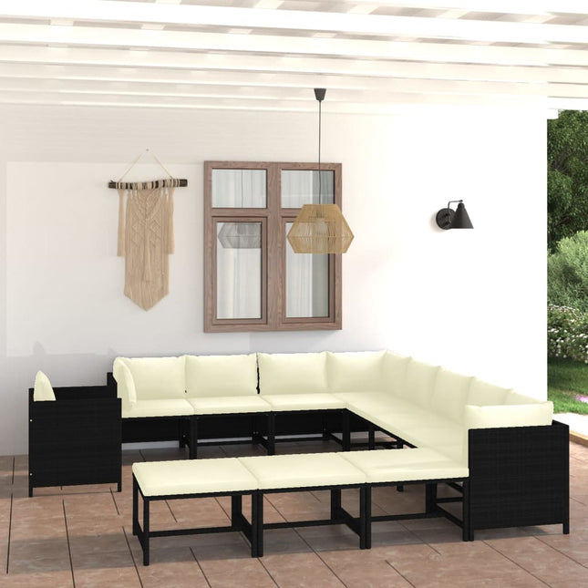 2-Delige Loungeset Met Kussens Poly Rattan Zwart 3x hoek + 5x midden + Fauteuil + 3x voetensteun