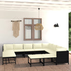 2-Delige Loungeset Met Kussens Poly Rattan Zwart 3x hoek + 5x midden + 4x voetensteun