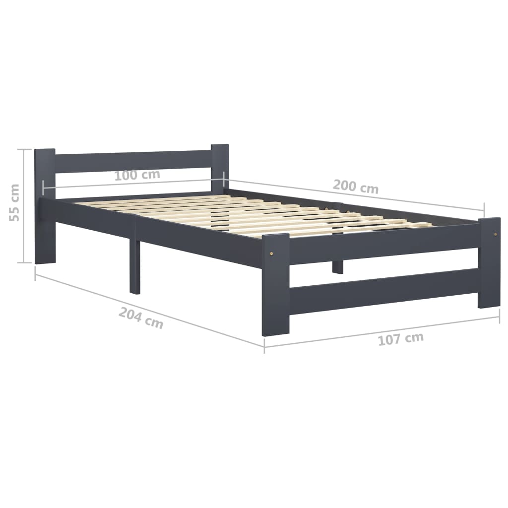 Bedframe massief grenenhout donkergrijs 100x200 cm 100 x 200 cm Donkergrijs