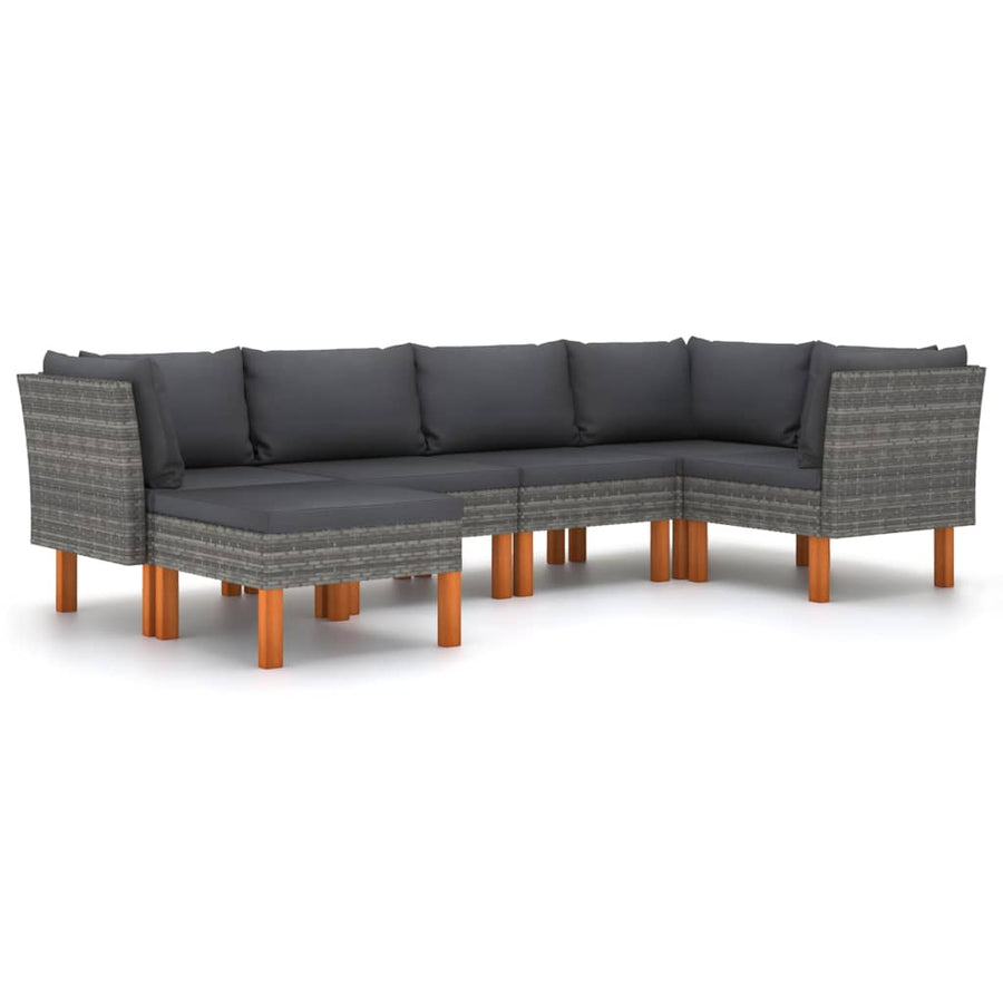 6-delige Loungeset met kussens poly rattan grijs 6 3x hoek + 2x midden + voetensteun