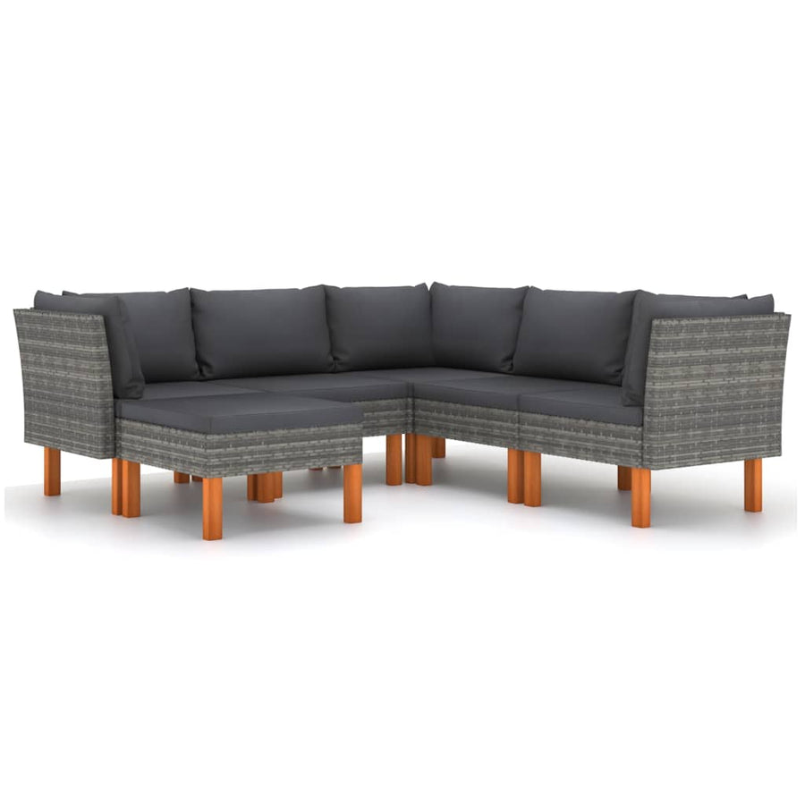 6-delige Loungeset met kussens poly rattan grijs 6 3x hoek + 2x midden + voetensteun