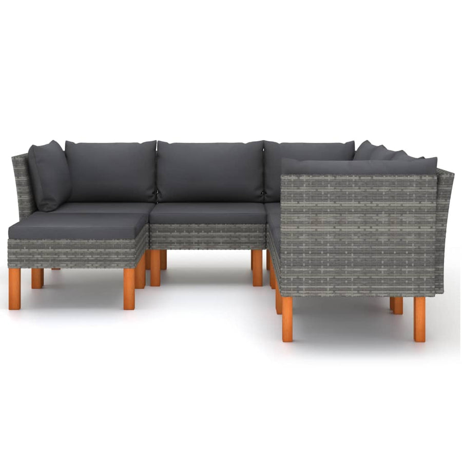 6-delige Loungeset met kussens poly rattan grijs 6 3x hoek + 2x midden + voetensteun