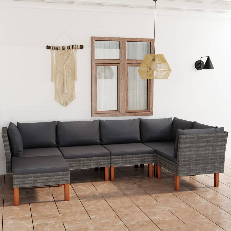 6-delige Loungeset met kussens poly rattan grijs 6 3x hoek + 2x midden + voetensteun