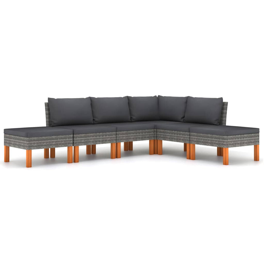 6-delige Loungeset met kussens poly rattan grijs 6 Hoek + 3x midden + 2x voetensteun