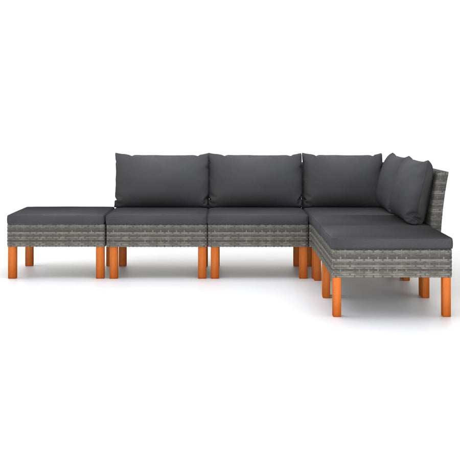 6-delige Loungeset met kussens poly rattan grijs 6 Hoek + 3x midden + 2x voetensteun