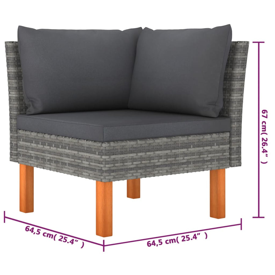 6-delige Loungeset met kussens poly rattan grijs 6 Hoek + 3x midden + 2x voetensteun