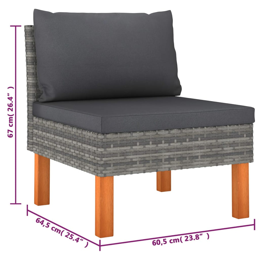 6-delige Loungeset met kussens poly rattan grijs 6 Hoek + 3x midden + 2x voetensteun