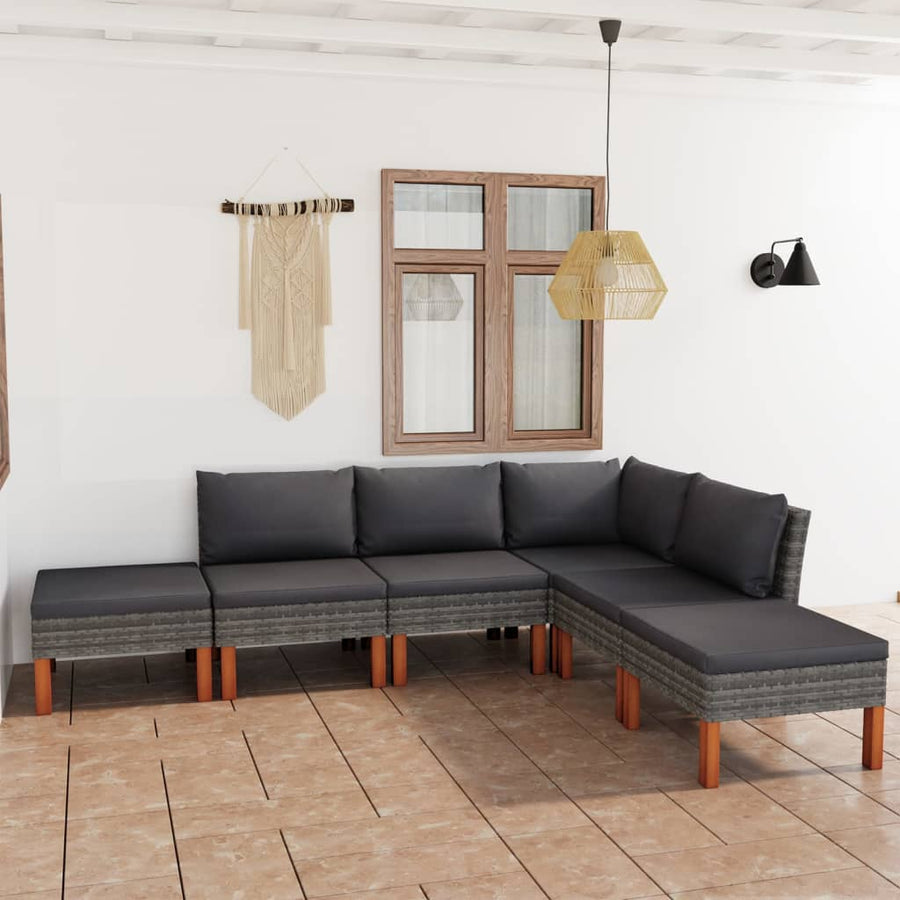 6-delige Loungeset met kussens poly rattan grijs 6 Hoek + 3x midden + 2x voetensteun
