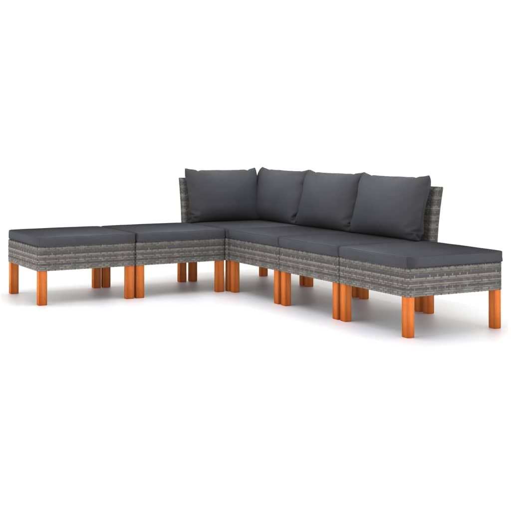 -Delige Loungeset Met Kussens Poly Rattan Grijs 6 Hoek + 2x midden + 3x voetensteun