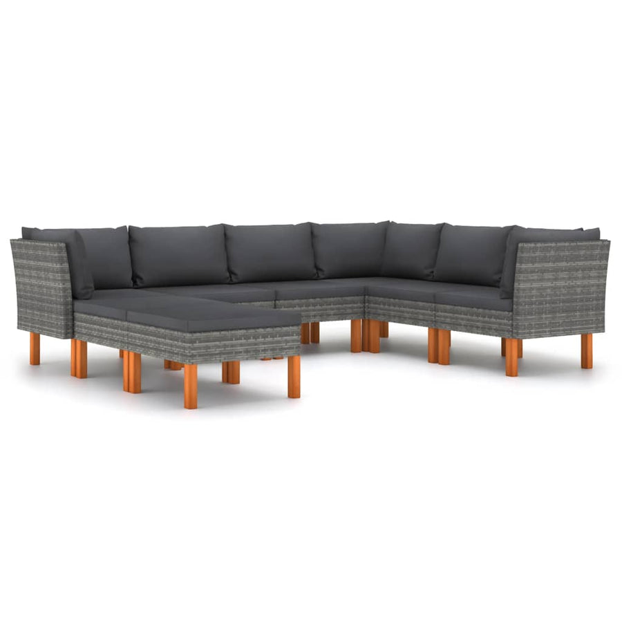 8-delige Loungeset met kussens poly rattan grijs 8 3x hoek + 3x midden + 2x voetensteun