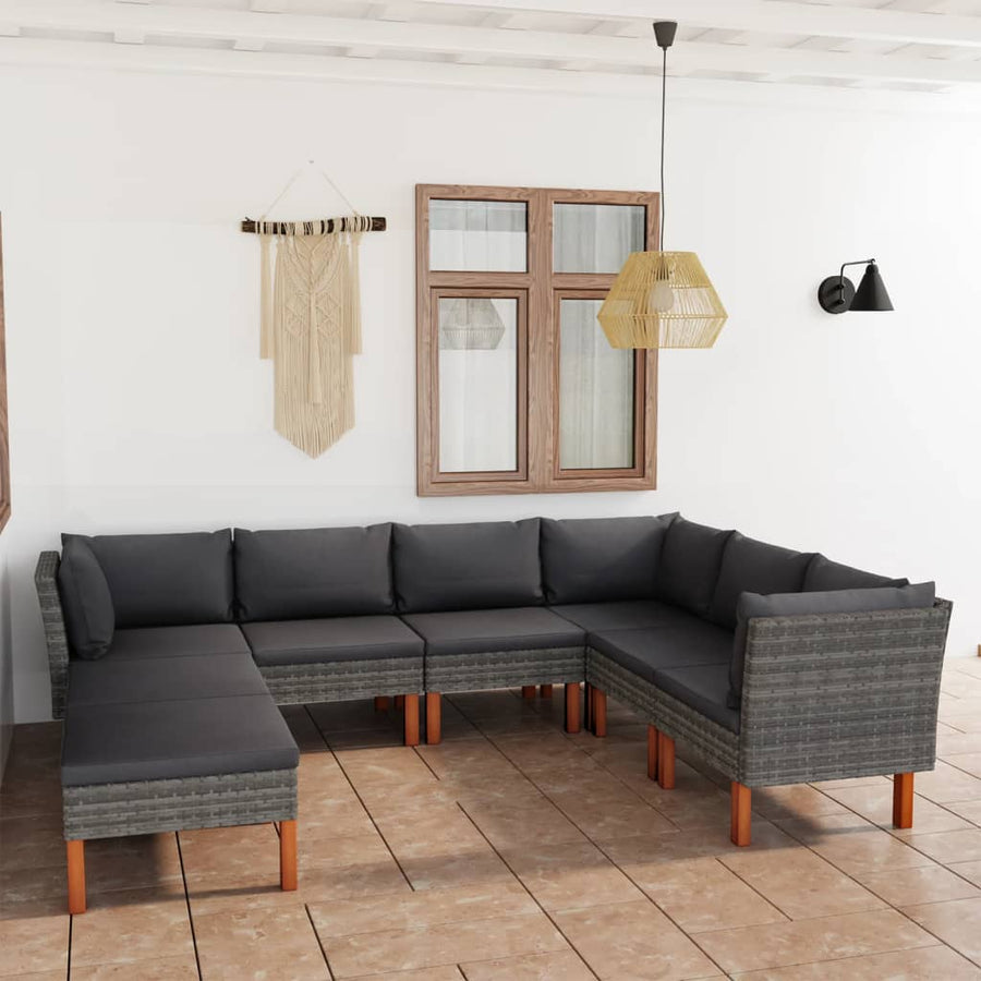8-delige Loungeset met kussens poly rattan grijs 8 3x hoek + 3x midden + 2x voetensteun