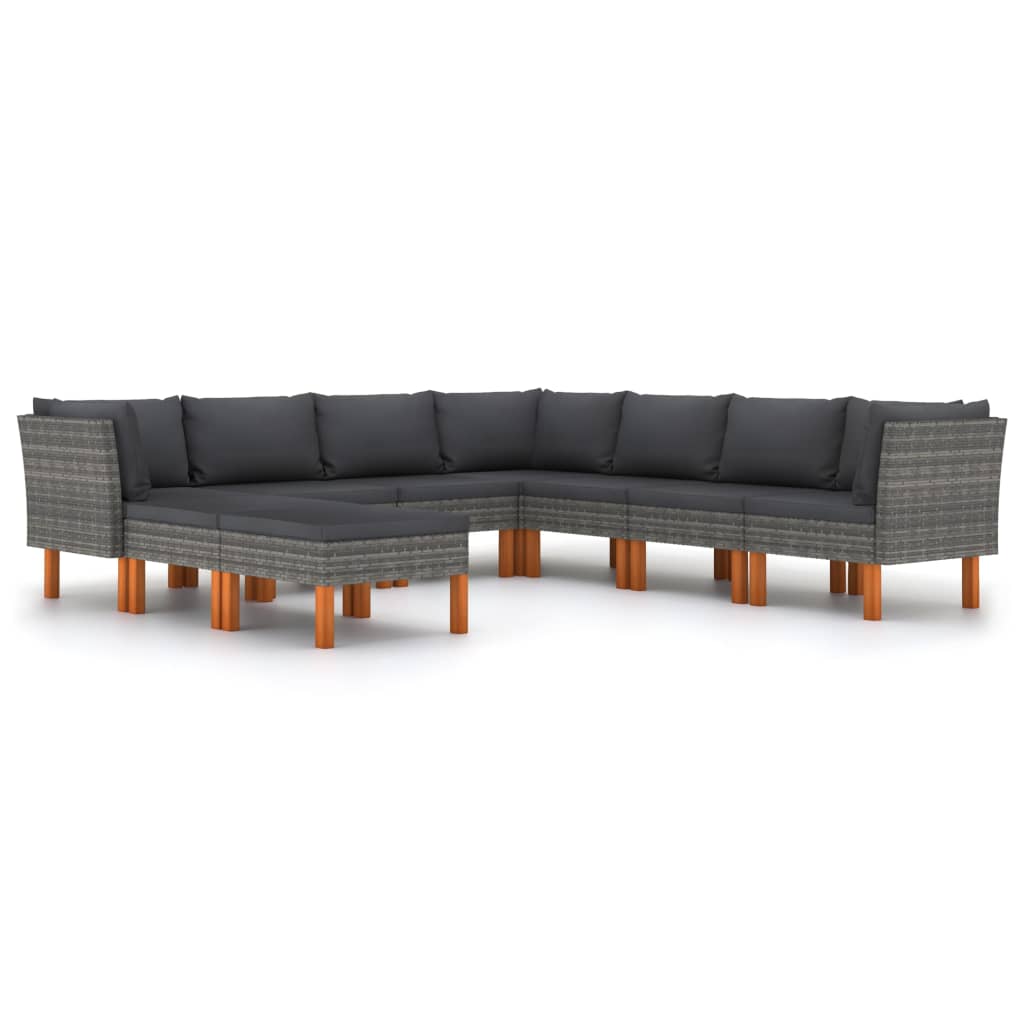-Delige Loungeset Met Kussens Poly Rattan Grijs 9 3x hoek + 4x midden + 2x voetensteun