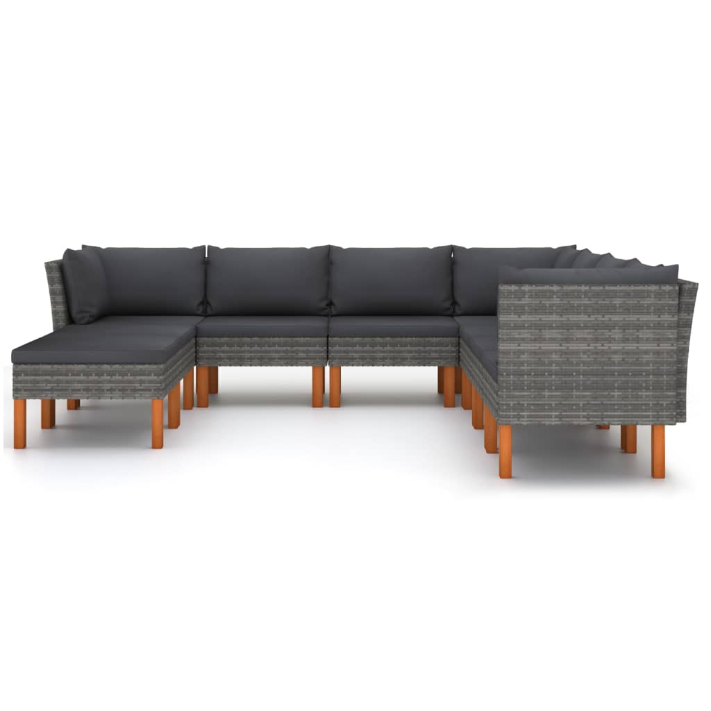 -Delige Loungeset Met Kussens Poly Rattan Grijs 9 3x hoek + 4x midden + 2x voetensteun