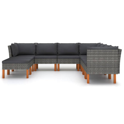 -Delige Loungeset Met Kussens Poly Rattan Grijs 9 3x hoek + 4x midden + 2x voetensteun