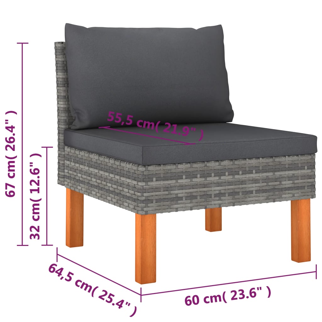-Delige Loungeset Met Kussens Poly Rattan Grijs 9 3x hoek + 4x midden + 2x voetensteun