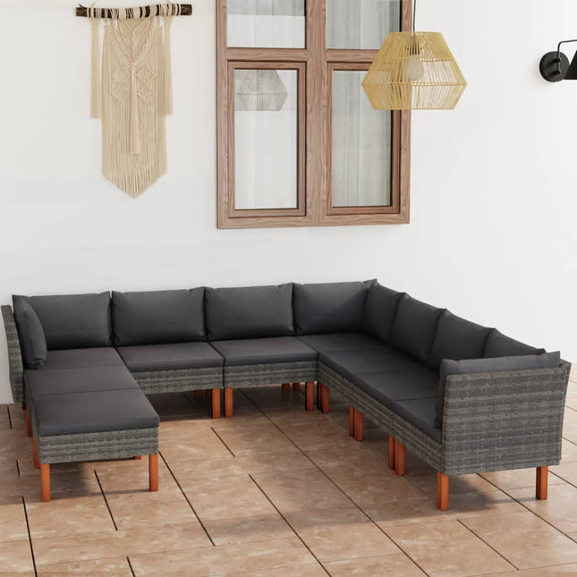 -Delige Loungeset Met Kussens Poly Rattan Grijs 9 3x hoek + 4x midden + 2x voetensteun