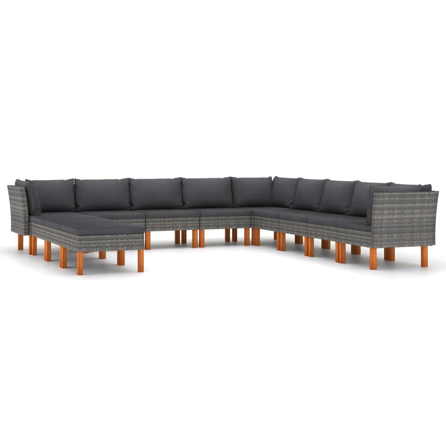 12-delige Loungeset met kussens poly rattan grijs 12 3x hoek + 6x midden + 3x voetensteun