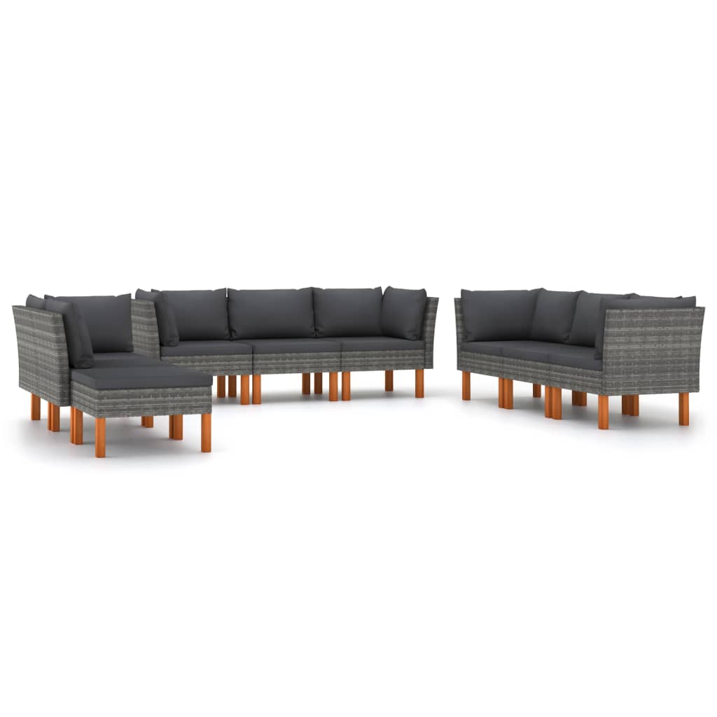 9-delige Loungeset met kussens poly rattan grijs 9 5x hoek + 3x midden + voetensteun