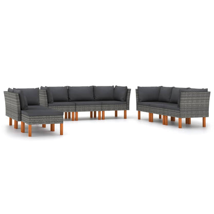 9-delige Loungeset met kussens poly rattan grijs 9 5x hoek + 3x midden + voetensteun