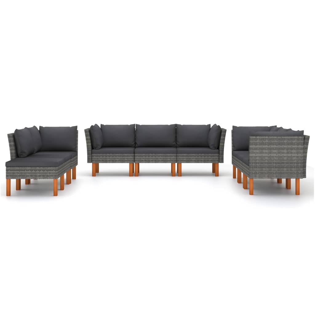 9-delige Loungeset met kussens poly rattan grijs 9 5x hoek + 3x midden + voetensteun